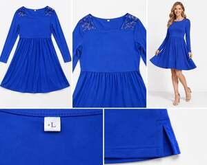 Made by Johnny Women's Royal Blue Long Sleeve Empire Waist Swing, Lace Shoulder